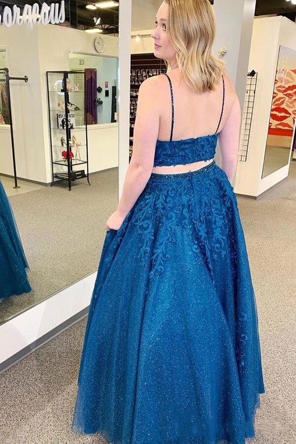 Mykonos Blue Sparkly Two Pieces Appliqued Spaghetti Straps Prom Dress