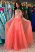 Rustic Watermelon A-line V-neck Prom Dresses With Lace, Formal Dress