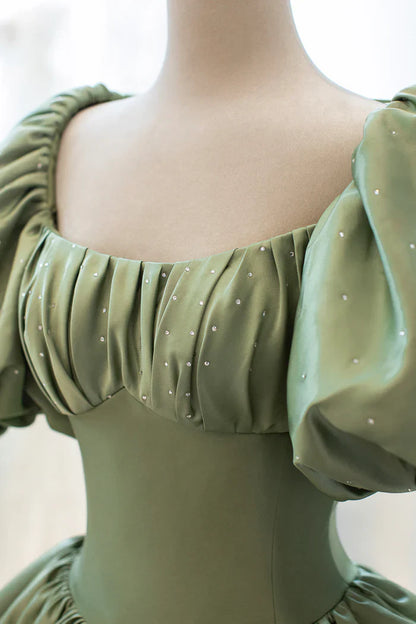 Sage Green Satin A-Line Bateau Short Sleeves Beaded Party Prom Dress