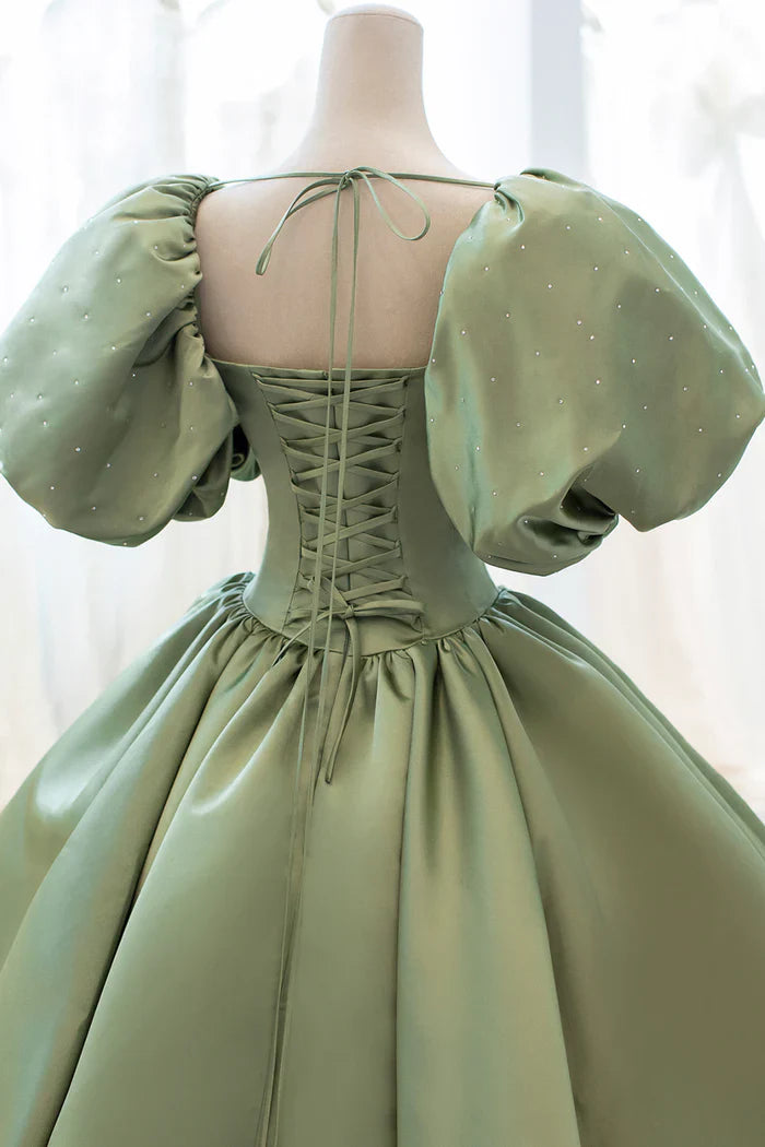 Sage Green Satin A-Line Bateau Short Sleeves Beaded Party Prom Dress