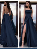 Elegant A Line Prom Dress with Slit Straps Navy Blue Party Dresses