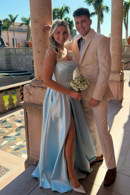 Satin A-Line Bateau Strapless Empire Long Party Prom Dress