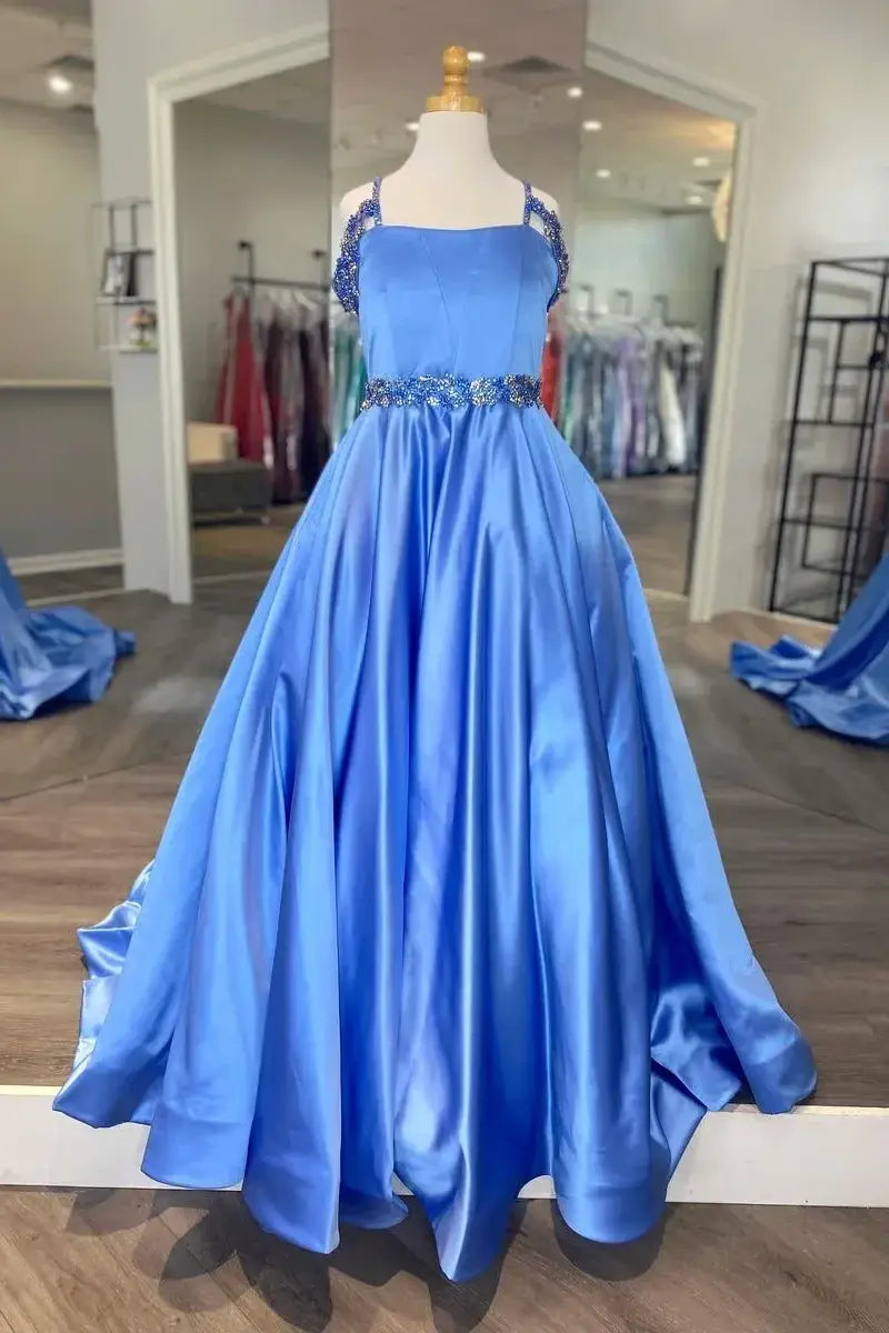 Satin A-Line Beaded Empire Long Girl Pageant Dress