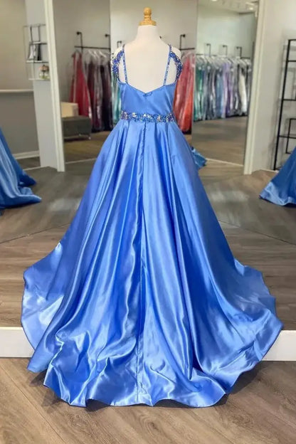 Satin A-Line Beaded Empire Long Girl Pageant Dress