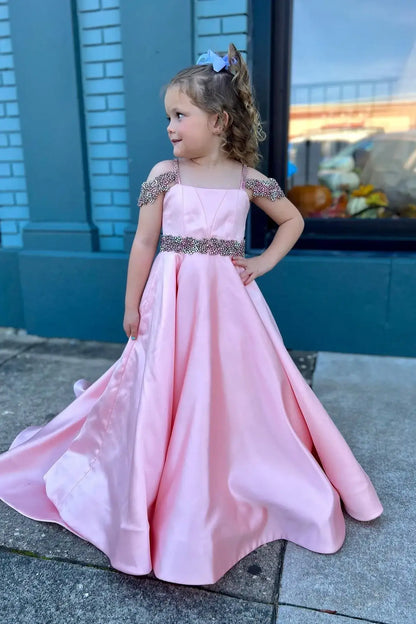 Satin A-Line Beaded Empire Long Girl Pageant Dress