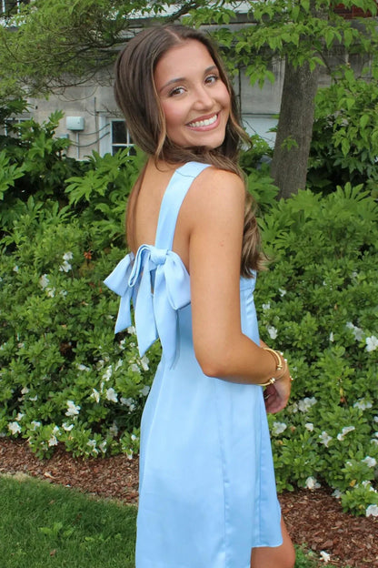 Satin A-Line Boat Straps With Bow Short Party Homecoming Dress