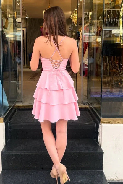 Satin A-Line Empire Sleeveless Tiered Homecoming Dress