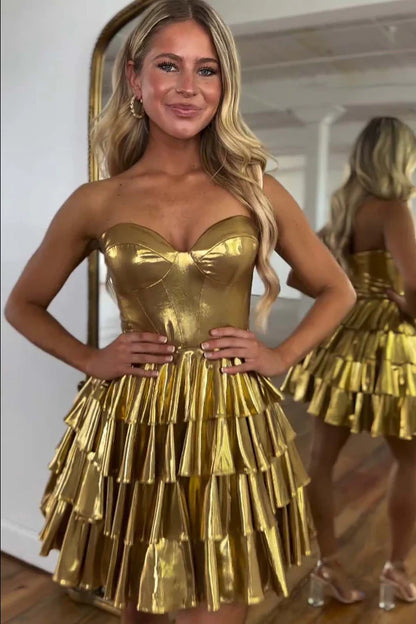 Satin A-Line Empire Strapless Tiered Short Homecoming Dress