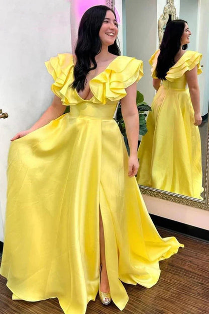 Satin A-Line Empire With Pockets Casual V-Neck Prom Dress