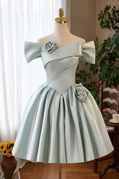 Satin A-Line Off-Shoulder 3D Floral Empire Homecoming Dress