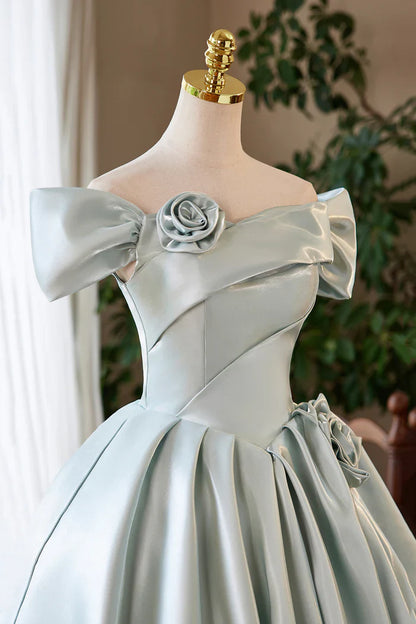 Satin A-Line Off-Shoulder 3D Floral Empire Homecoming Dress