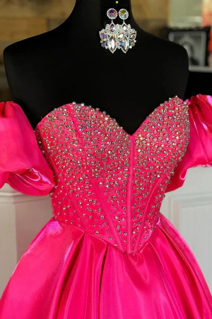 Satin A-Line Puff Sleeves Beaded Empire Formal Prom Dress