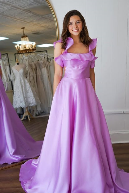 Satin A-Line Ruffled Square Sleeveless Lace Up Party Prom Dress