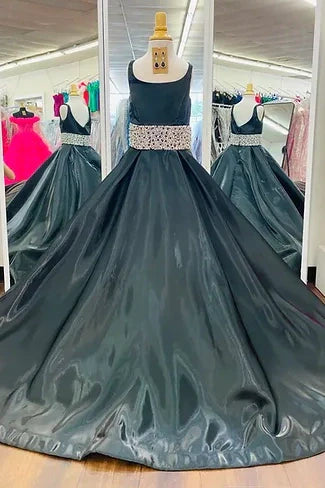 Satin A-Line Square Sleeveless Beaeded Empire Girl Pageant Dress
