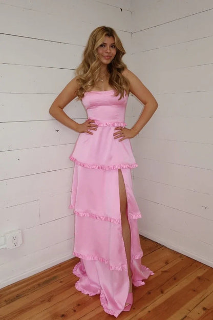 Satin A-Line Square Sleeveless Tiered Ruffled Long Party Prom Dress