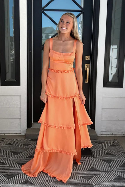 Satin A-Line Square Sleeveless Tiered Ruffled Long Party Prom Dress