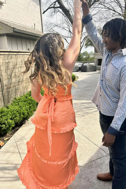Satin A-Line Square Sleeveless Tiered Ruffled Long Party Prom Dress