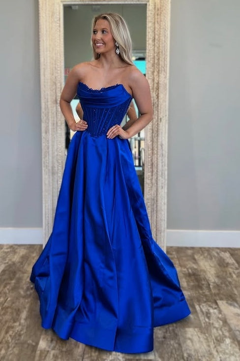 Satin A-Line Strapless Empire Long Party Prom Dress