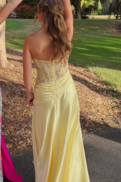 Satin A-Line Strapless Lace Top Party Prom Dress With Leg Slit