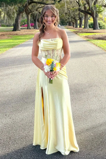 Satin A-Line Strapless Lace Top Party Prom Dress With Leg Slit