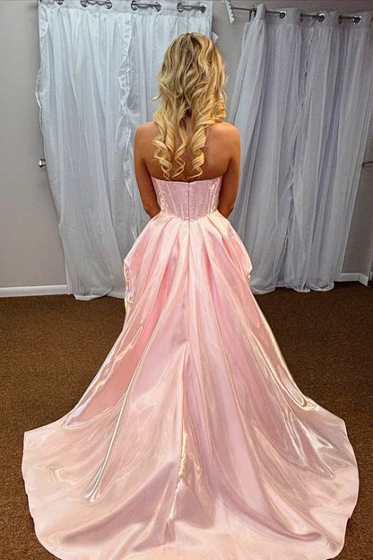 Satin A-Line Strapless Party Prom Dress With Train And Pocktes