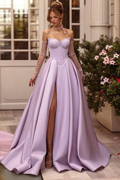 Satin A-Line Strapless Pearls Party Prom Dress With Slit