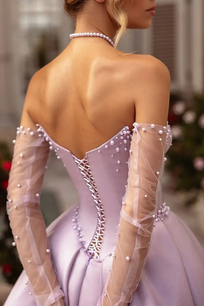 Satin A-Line Strapless Pearls Party Prom Dress With Slit