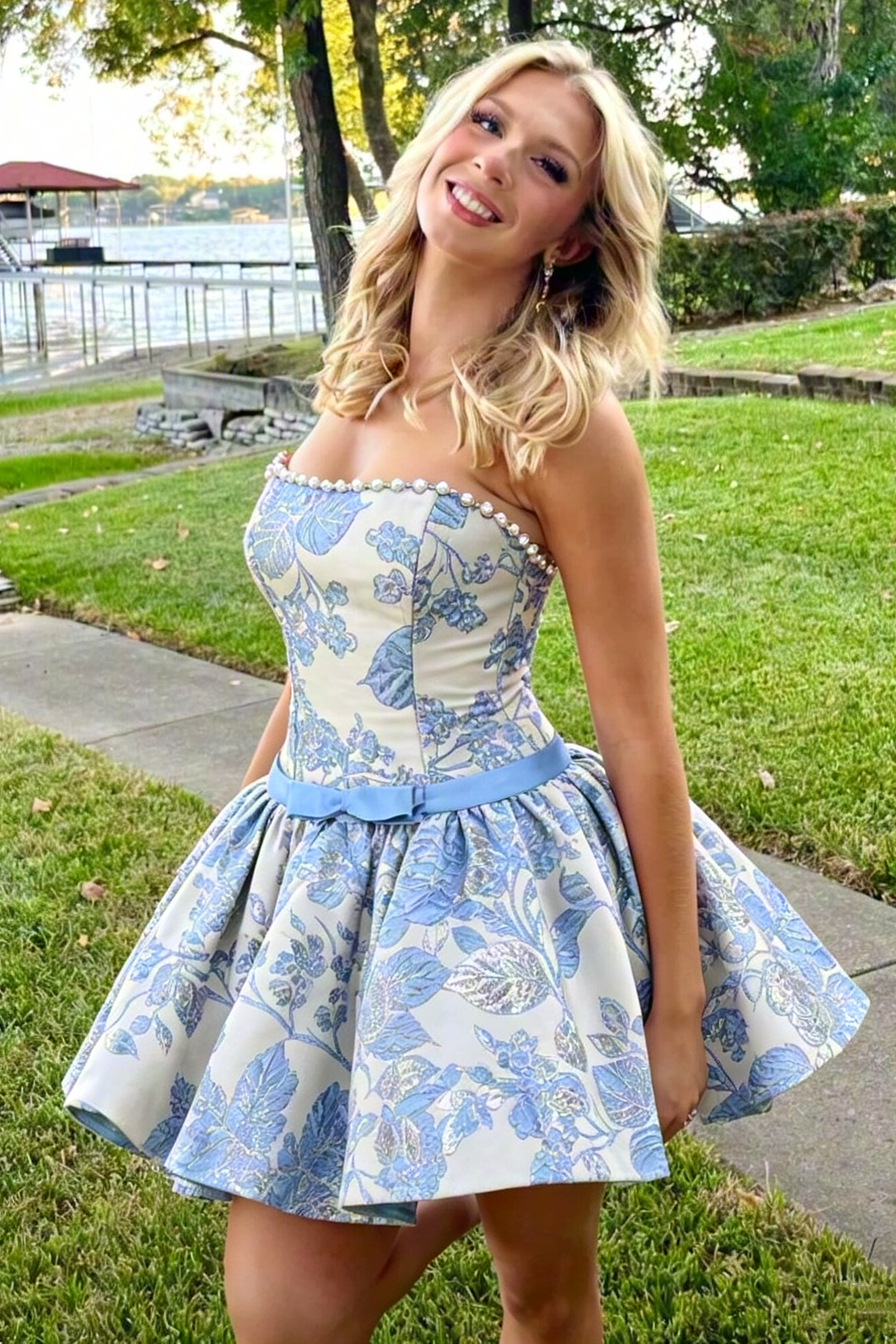 Satin A-Line Strapless With Pearl Floral Party Homecoming Dress