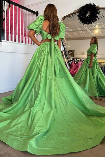Satin A-Line Two Tone Short Sleeves Party Prom Dress With Slit