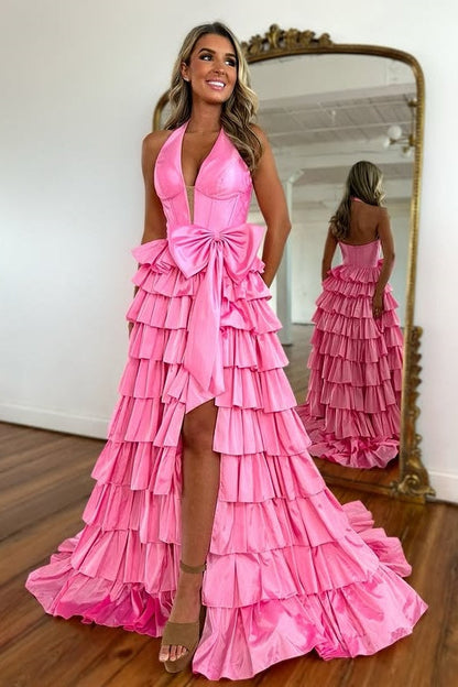 Satin A-Line V-Neck Halter Tiered Party Prom Dress With Bow