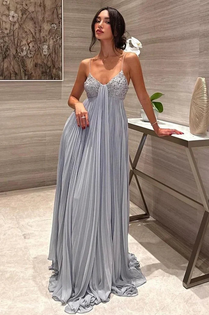 Satin A-Line V-Neck Pleated Party Prom Dress With Beaded Top