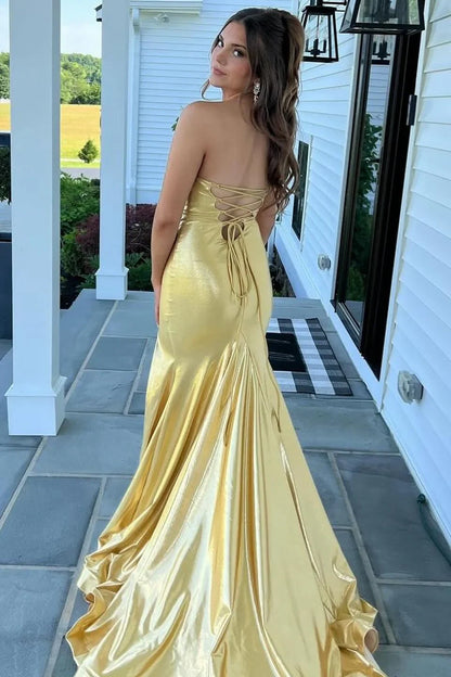 Satin Bateau Strapless Lace Up Mermaid Party Prom Dress With Slit