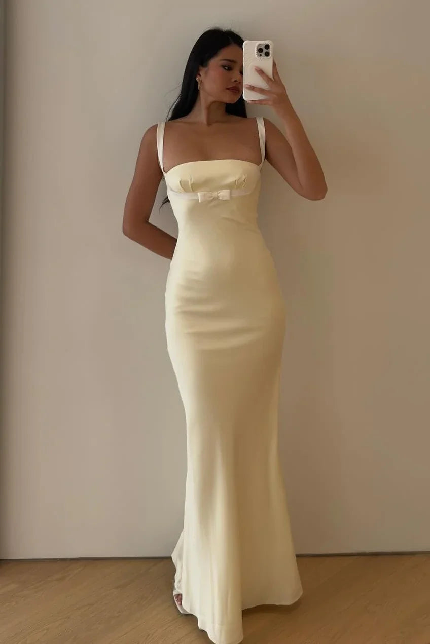 Satin Empire Mermaid Sleeveless Long Party Prom Dress