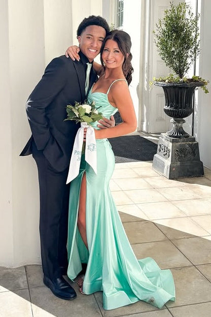 Satin Mermaid Sleeveless Casual Party Prom Dress With Leg Slit