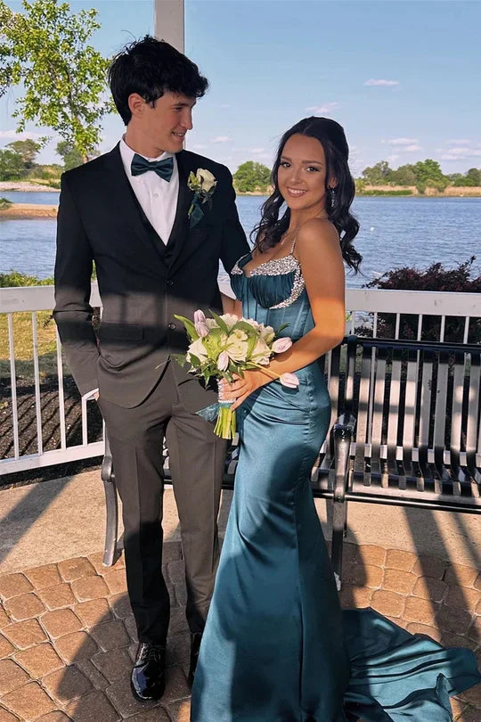 Satin Mermaid Spaghetti Straps V-Neck Party Prom Dress With Beaded
