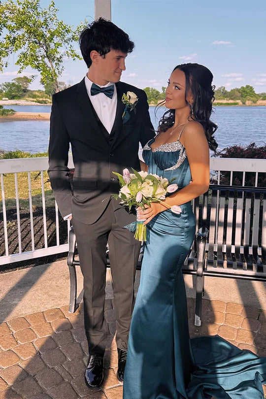 Satin Mermaid Spaghetti Straps V-Neck Party Prom Dress With Beaded