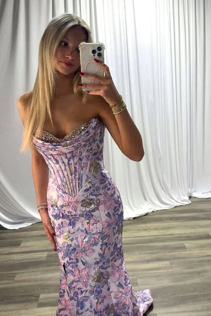 Satin Mermaid Strapless Mermaid Floral Party Prom Dress