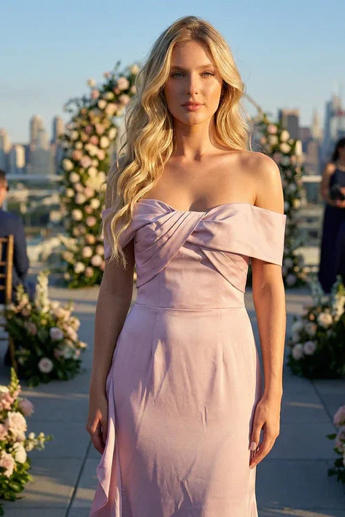 Satin Off The Shoulder Ruffle Leg Slit Party Prom Dress With Train