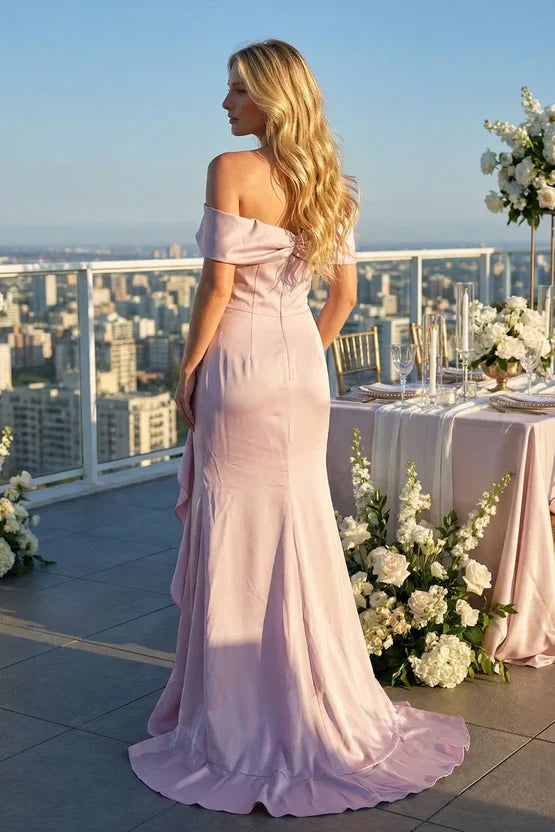 Satin Off The Shoulder Ruffle Leg Slit Party Prom Dress With Train