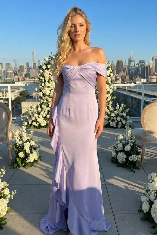 Satin Off The Shoulder Ruffle Leg Slit Party Prom Dress With Train