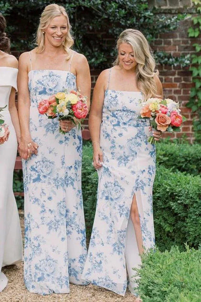 Satin Spaghetti Straps Floral Bridesmaid Dress With Slit
