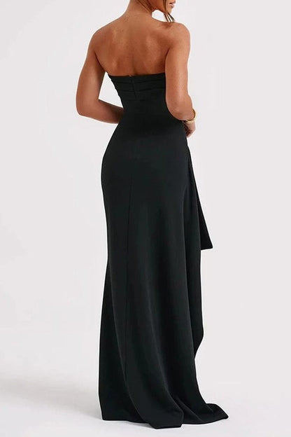 Satin Strapless Empire Party Prom Dress With Ruffled Slit