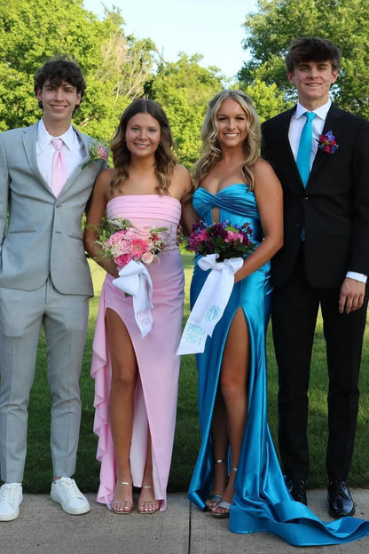 Satin Strapless Empire Ruffled Party Prom Dress With Side Slit