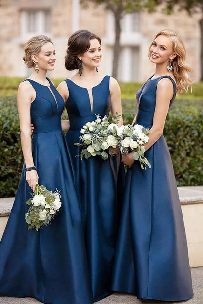 Scoop Sleeveless Satin A-Line Long Bridesmaid Dress