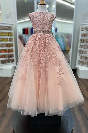 Scoop Sleeveless Tulle A-Line Lace Appliques Beaded Girl Pageant Dress