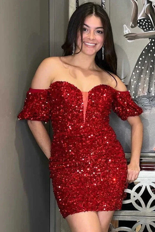 Sequins Off-Shoulder Puff Sleeves Bodycon Sequins Homecoming Dress