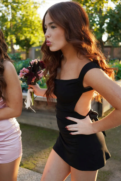 Sexy Black Satin Boat Open Back Mini Homecoming Dress