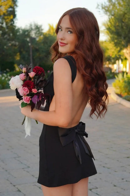 Sexy Black Satin Boat Open Back Mini Homecoming Dress