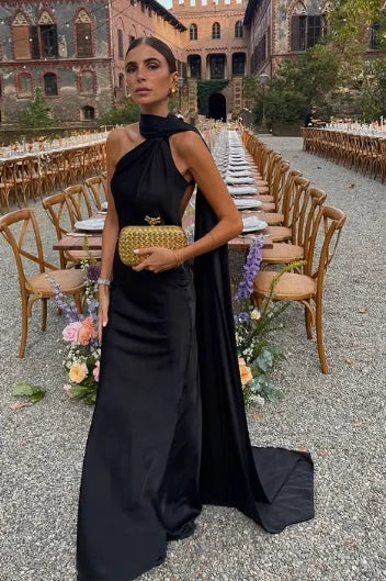 Sexy Black Satin High Neck Sleeveless Backless Party Prom Dress