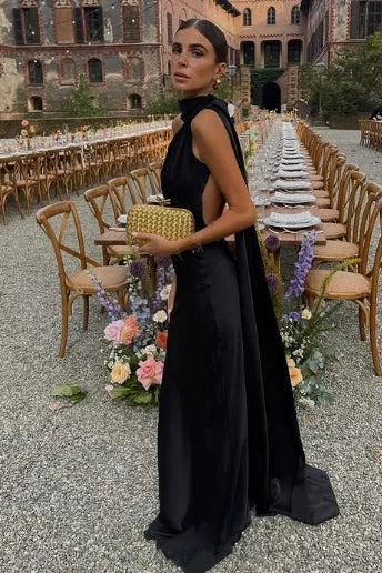 Sexy Black Satin High Neck Sleeveless Backless Party Prom Dress